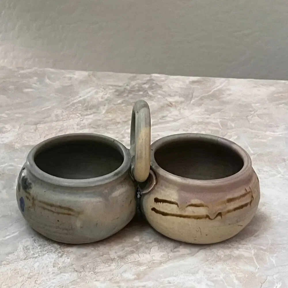 Studio Art Pottery Two Bowl Condiment Dish With Handle Stoneware Muted Colors
